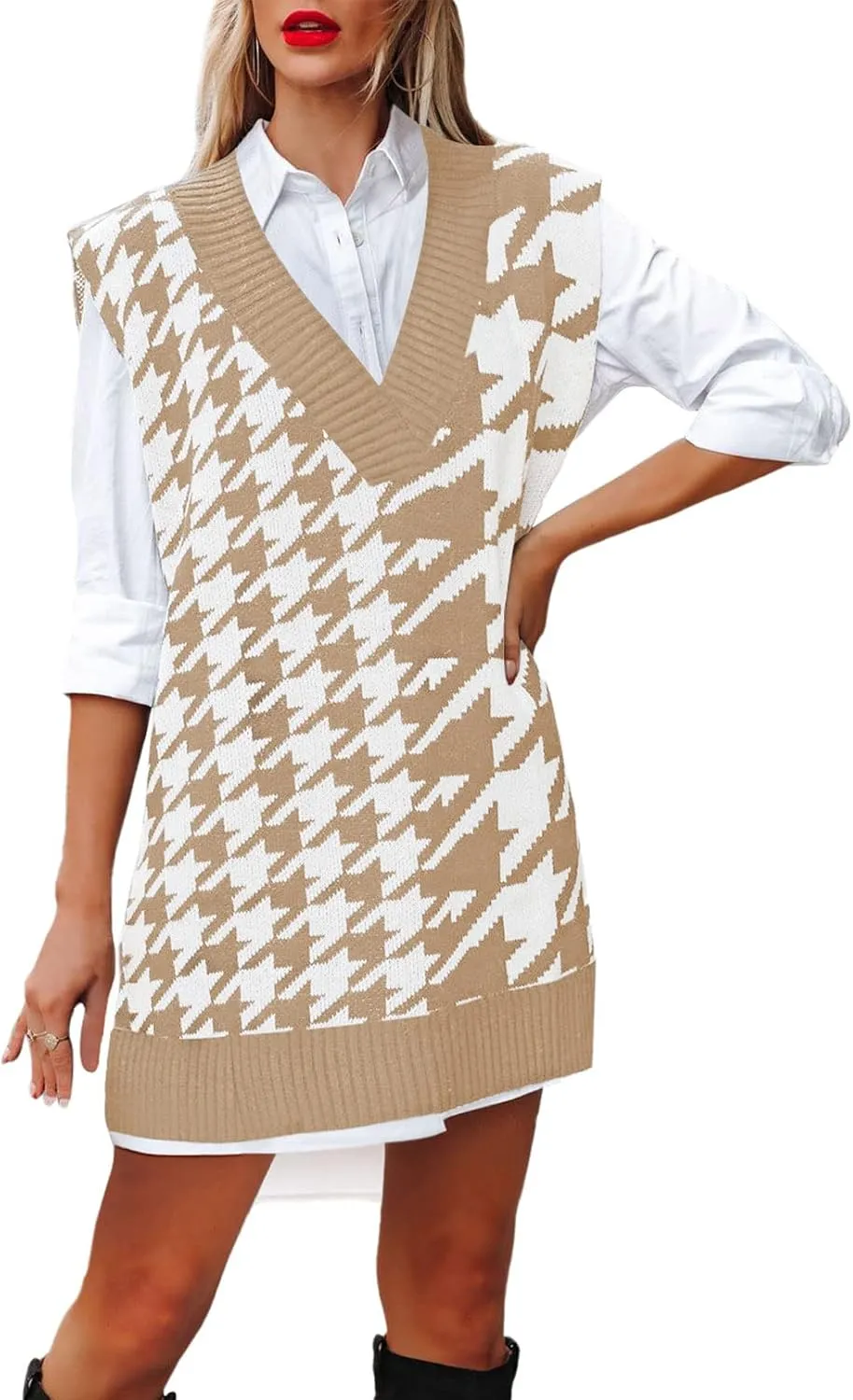Viottiset Women's Oversized V Neck Knit Sweater Vest Tunic Sleeveless Pullover Top