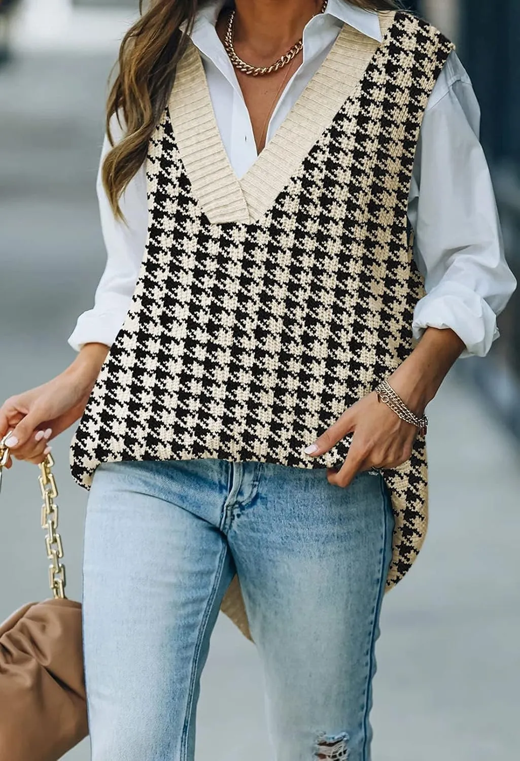 Viottiset Women's Oversized V Neck Knit Sweater Vest Tunic Sleeveless Pullover Top