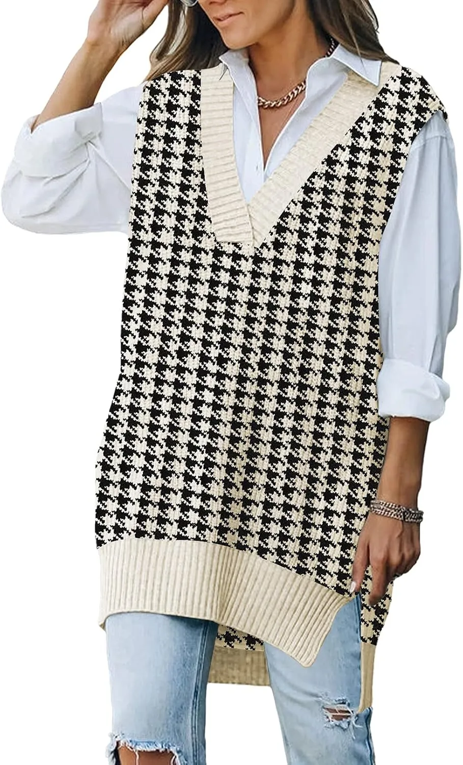 Viottiset Women's Oversized V Neck Knit Sweater Vest Tunic Sleeveless Pullover Top