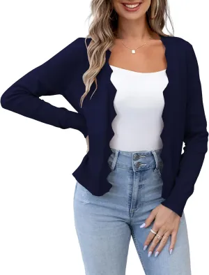 VOIANLIMO Womens Casual Long Sleeve Sweaters Knit Open Front Cropped Bolero Short Cardigan