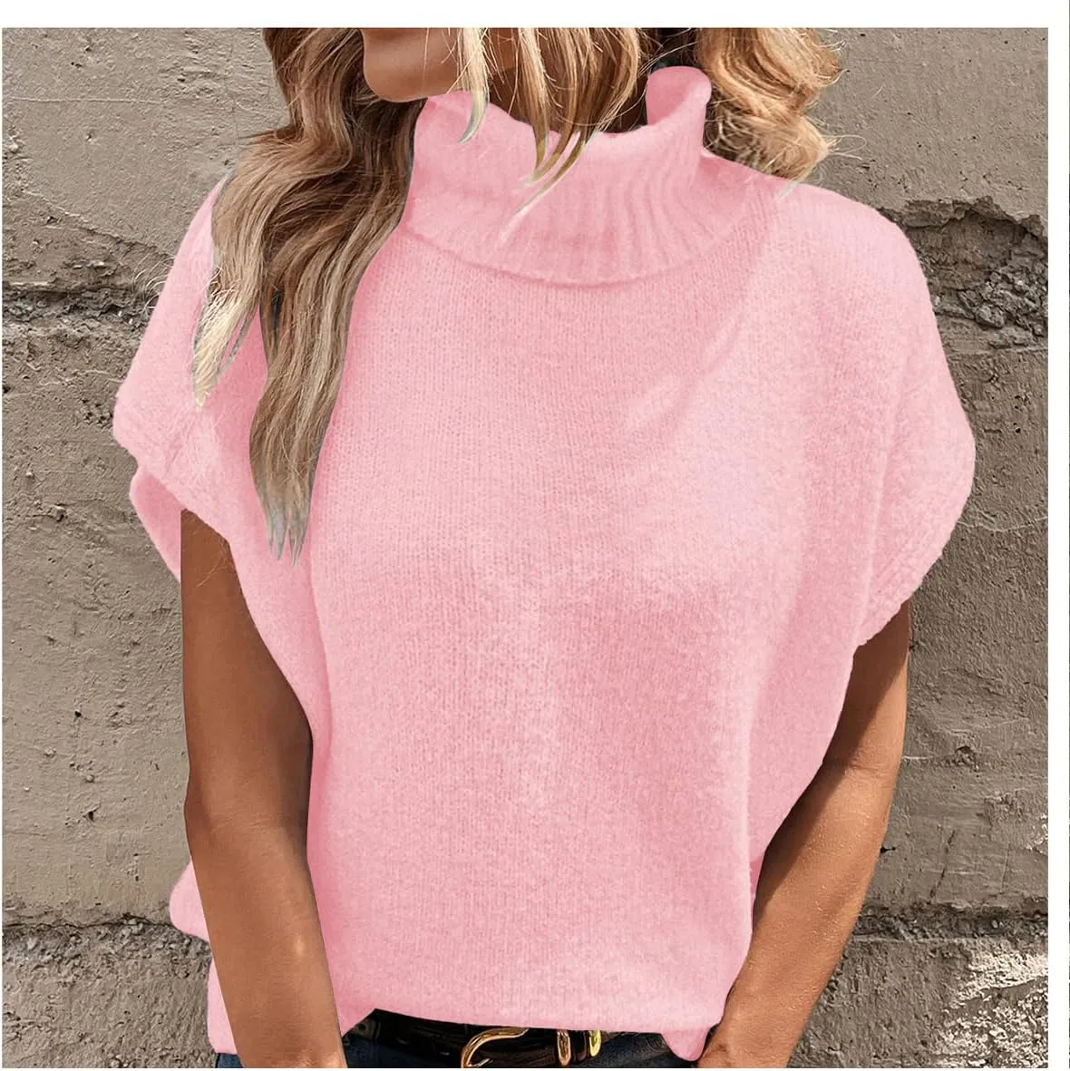WDIRARA Women's Turtleneck Cap Sleeve Sweater Vest Pullover Knitted Top Loose Oversized Knitwear