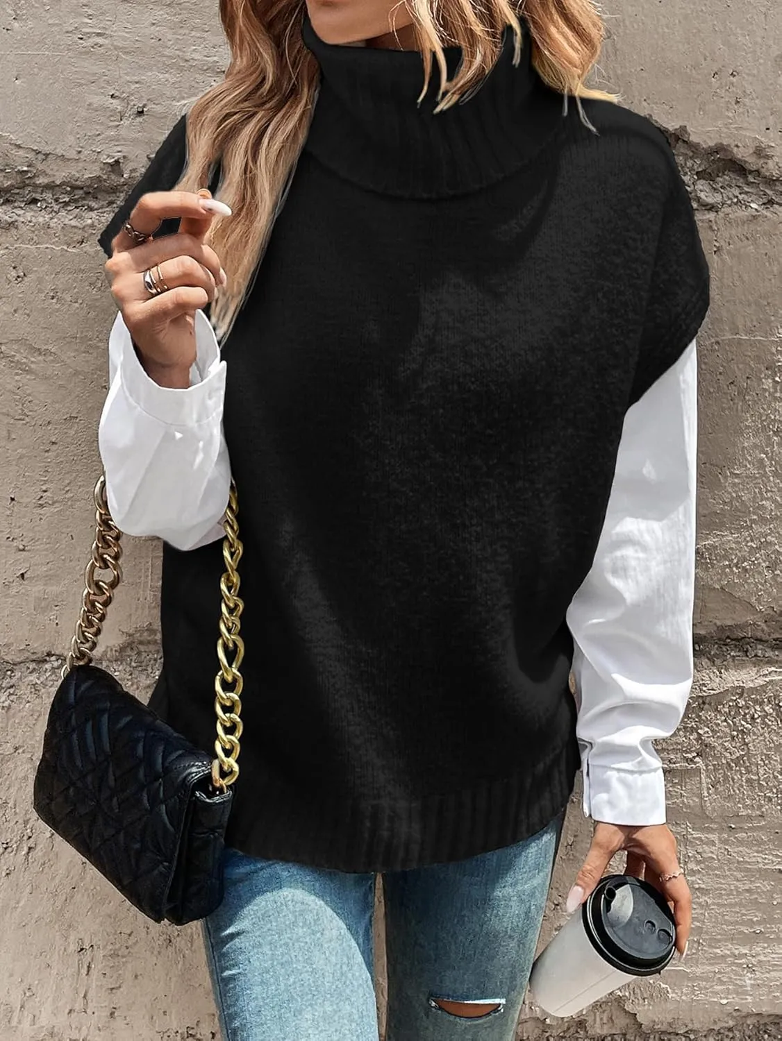 WDIRARA Women's Turtleneck Cap Sleeve Sweater Vest Pullover Knitted Top Loose Oversized Knitwear