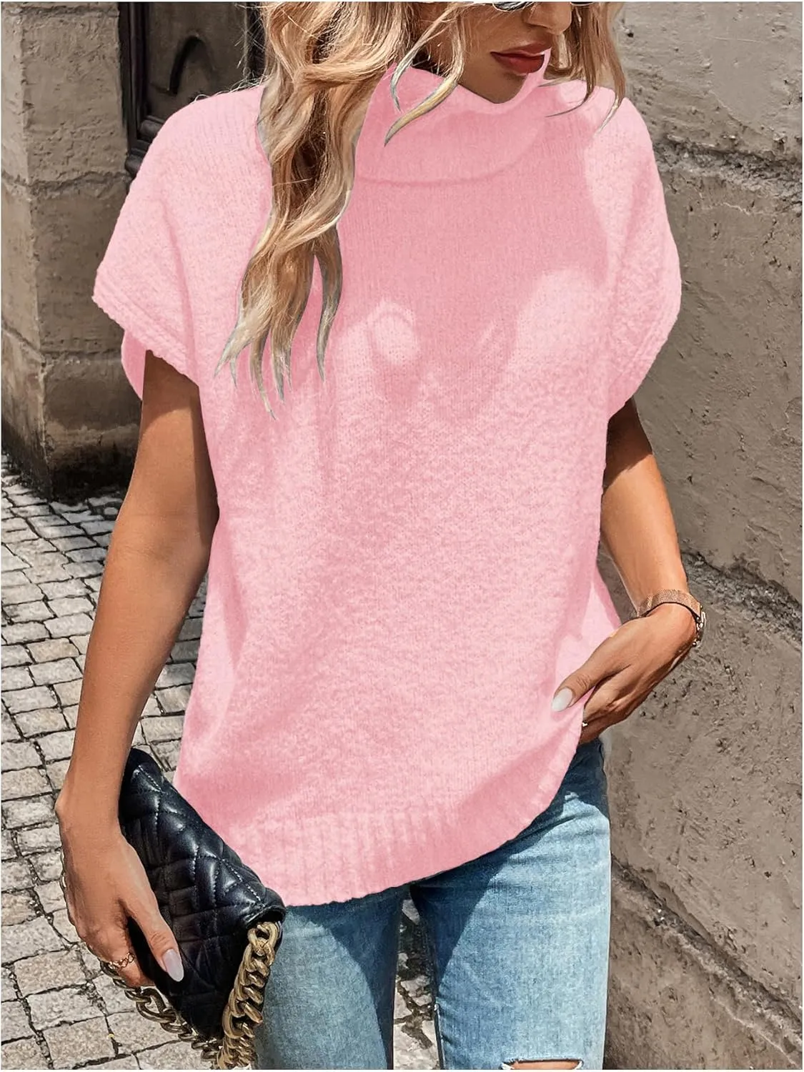 WDIRARA Women's Turtleneck Cap Sleeve Sweater Vest Pullover Knitted Top Loose Oversized Knitwear