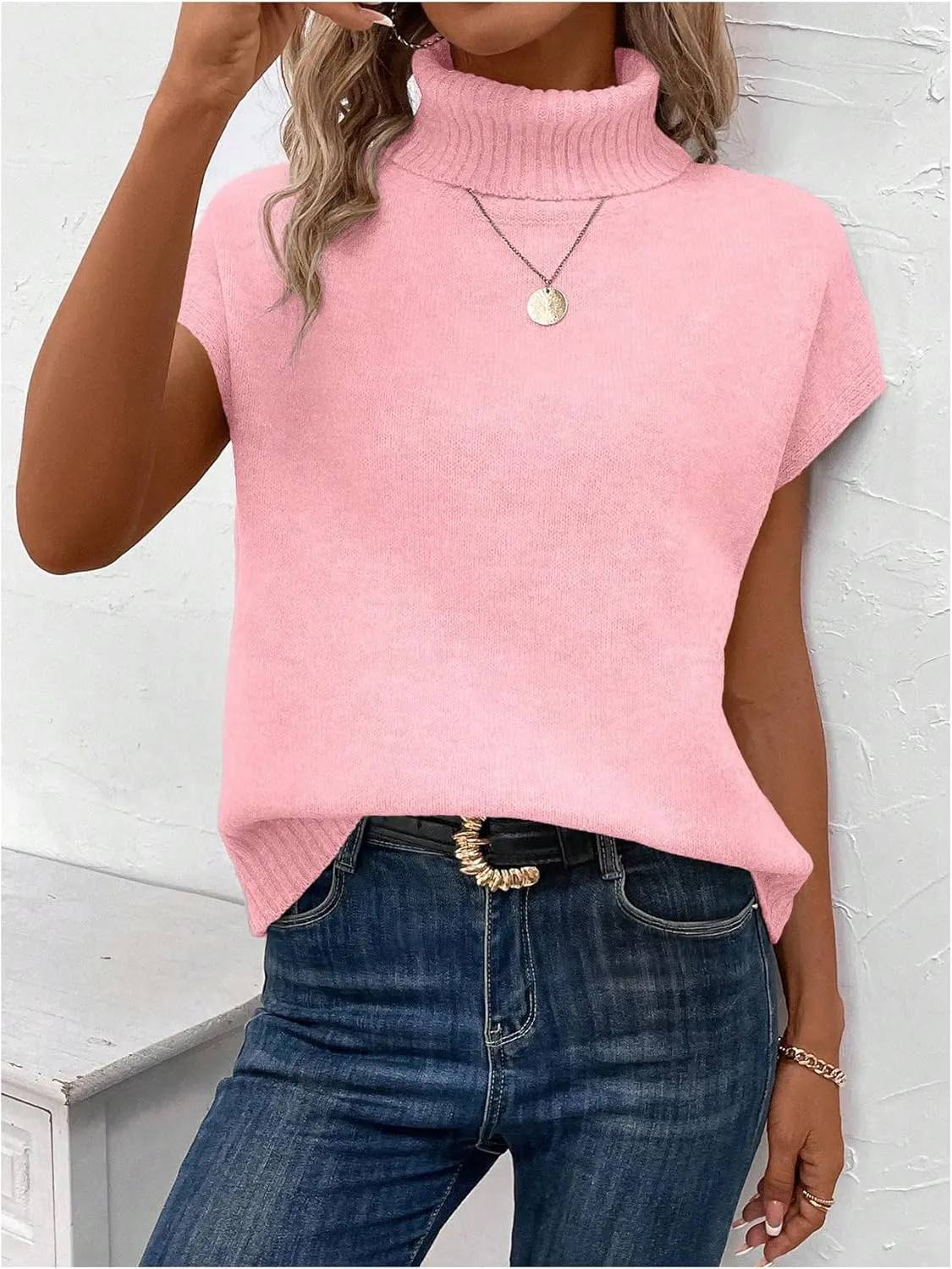 WDIRARA Women's Turtleneck Cap Sleeve Sweater Vest Pullover Knitted Top Loose Oversized Knitwear