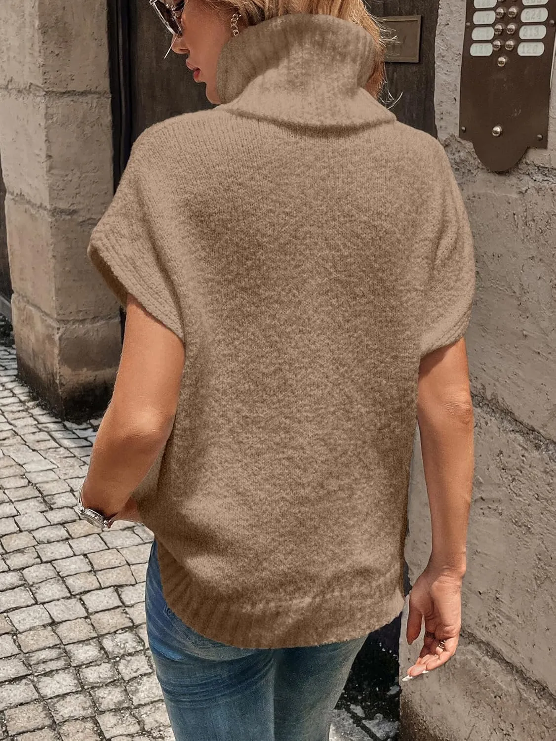WDIRARA Women's Turtleneck Cap Sleeve Sweater Vest Pullover Knitted Top Loose Oversized Knitwear