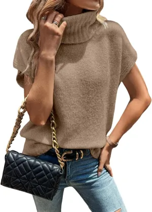 WDIRARA Women's Turtleneck Cap Sleeve Sweater Vest Pullover Knitted Top Loose Oversized Knitwear