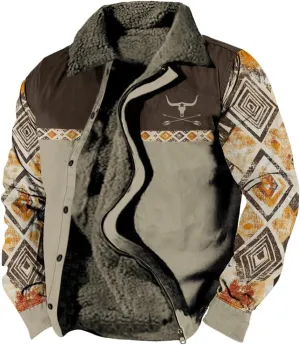 Western Aztec Jackets for Men Fleece Cowboy Shirt Jackets Cow Skull Graphic Coats Long Sleeve Jackets with Pocket