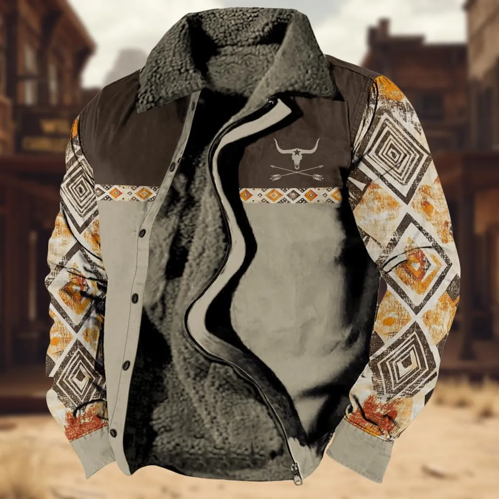 Western Aztec Jackets for Men Fleece Cowboy Shirt Jackets Cow Skull Graphic Coats Long Sleeve Jackets with Pocket