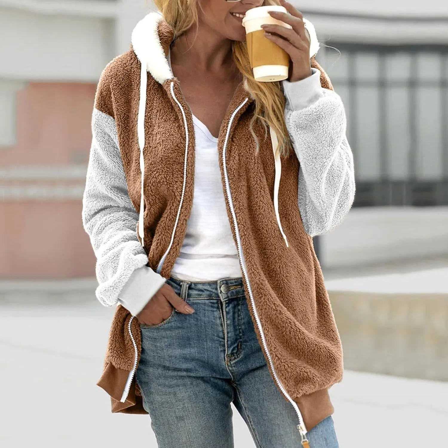 Winter Coat For Women 2023 Fuzzy Fleece Jacket Hooded Color Block Thermal Coat Oversized Fluffy Sherpa Outerwear