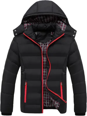 Winter Jacket For Men Zipper Cotton Padded Warm Fall Winter Hooded Coats Plus Velvet Fashion Jacket (Black, XXXL)