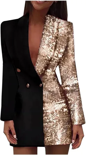 Woman Sequin Blazers Fashion Sparkly Glitter Dress Casual V-Neck Long Sleeve Button Dwon Color Block Mini Dress