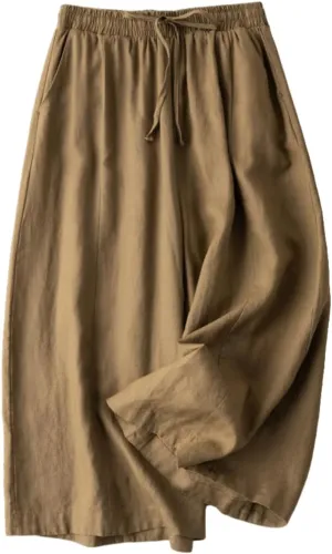 Woman Wide Leg Linen Cropped Pants Elastic High Waist Drawstring Plain Casual Baggy Trousers Lightweight Pant