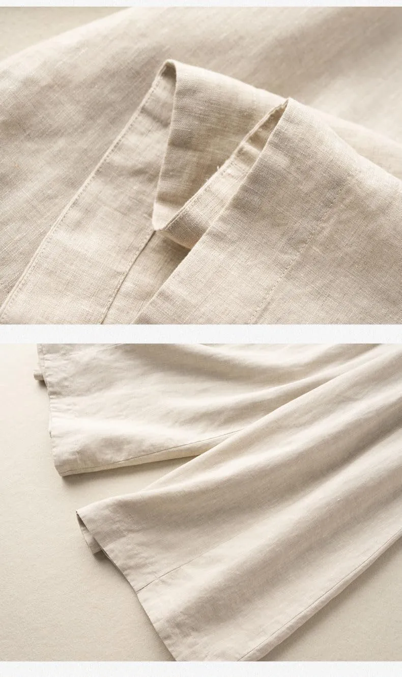 Woman Wide Leg Linen Cropped Pants Elastic High Waist Drawstring Plain Casual Baggy Trousers Lightweight Pant