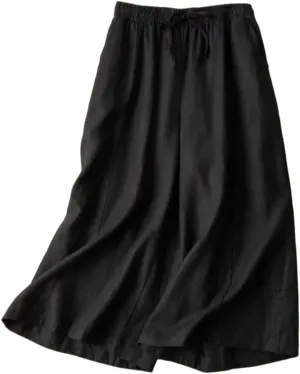 Woman Wide Leg Linen Cropped Pants Elastic High Waist Drawstring Plain Casual Baggy Trousers Lightweight Pant