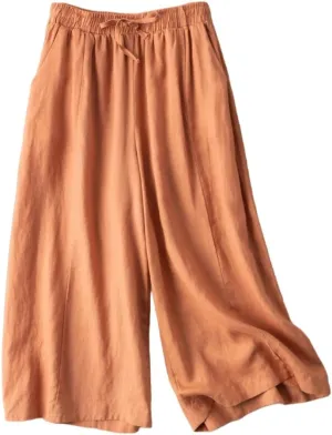 Woman Wide Leg Linen Cropped Pants Elastic High Waist Drawstring Plain Casual Baggy Trousers Lightweight Pant