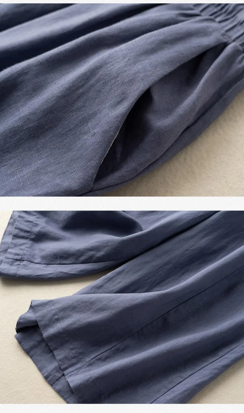Woman Wide Leg Linen Cropped Pants Elastic High Waist Drawstring Plain Casual Baggy Trousers Lightweight Pant