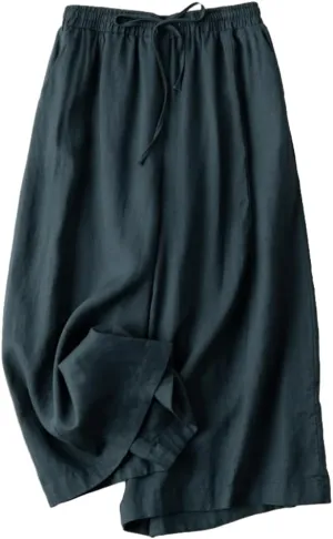 Woman Wide Leg Linen Cropped Pants Elastic High Waist Drawstring Plain Casual Baggy Trousers Lightweight Pant