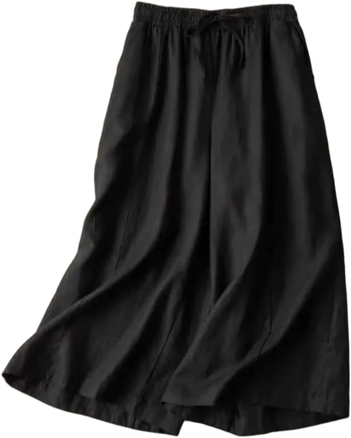 Woman Wide Leg Linen Cropped Pants Elastic High Waist Drawstring Plain Casual Baggy Trousers Lightweight Pant