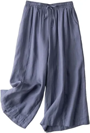 Woman Wide Leg Linen Cropped Pants Elastic High Waist Drawstring Plain Casual Baggy Trousers Lightweight Pant
