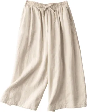 Woman Wide Leg Linen Cropped Pants Elastic High Waist Drawstring Plain Casual Baggy Trousers Lightweight Pant