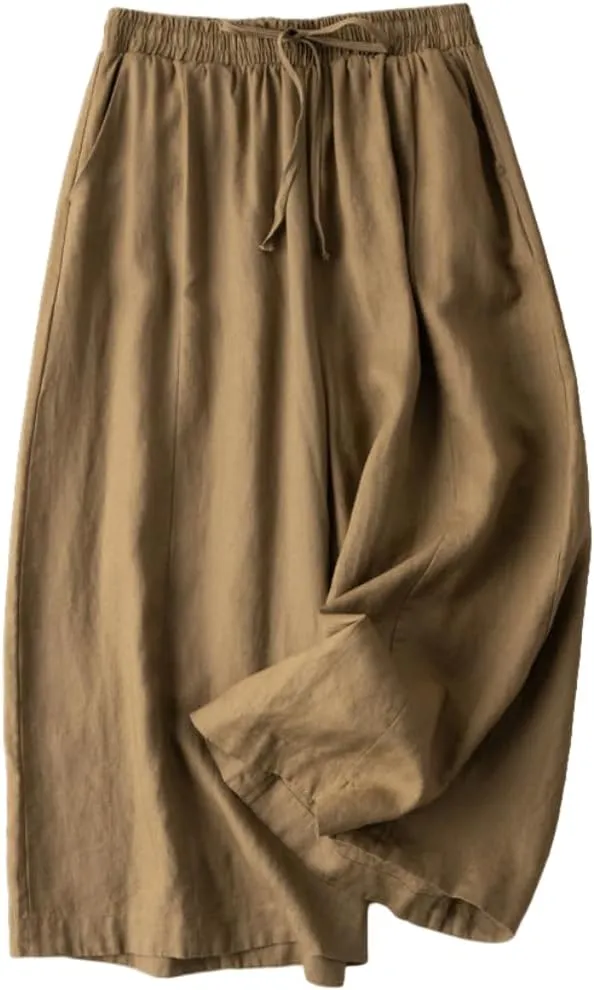 Woman Wide Leg Linen Cropped Pants Elastic High Waist Drawstring Plain Casual Baggy Trousers Lightweight Pant