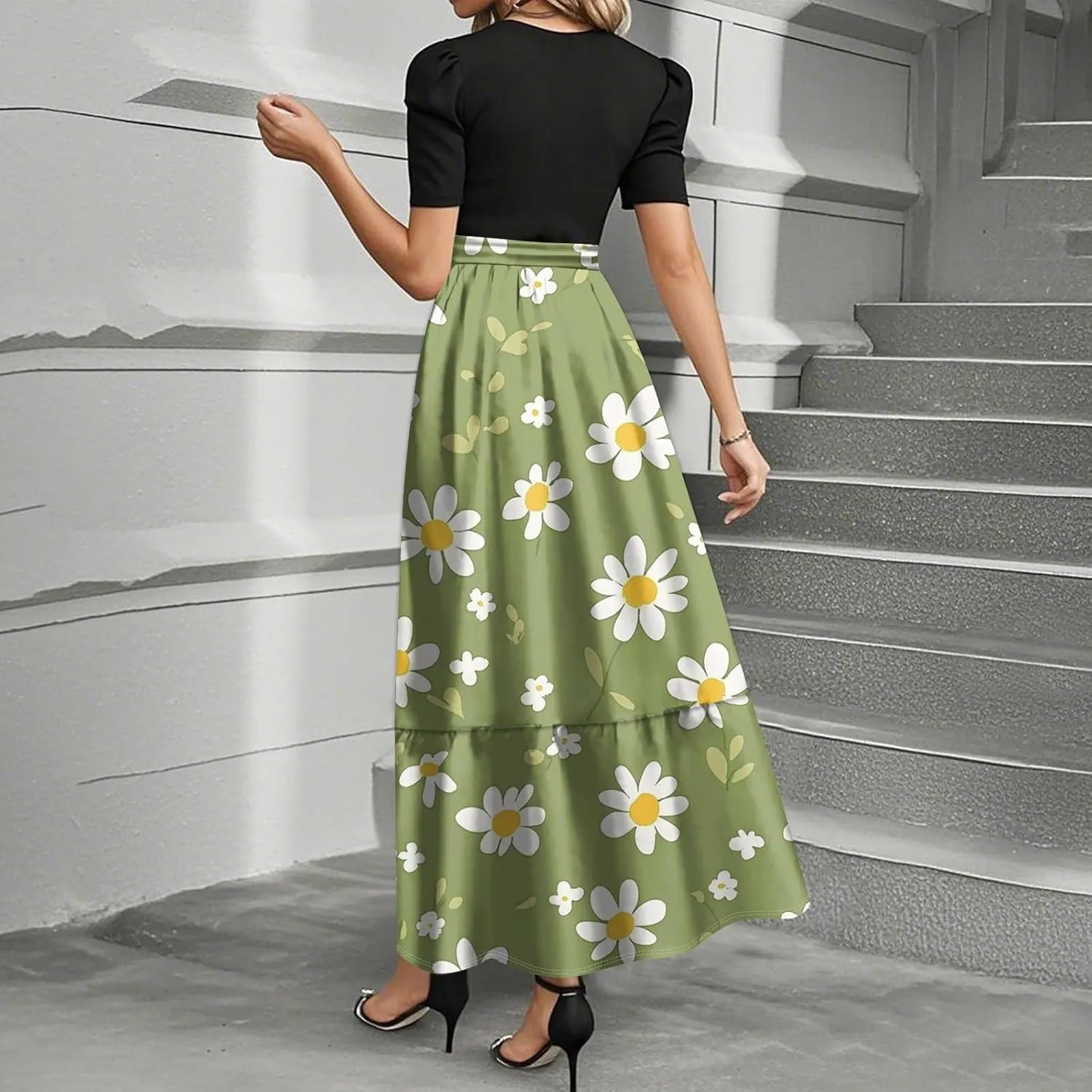 Women 2025 Casual Short Sleeves Elegant Maxi Dress with Belted Waist Crew Neck Flowy Boho Dress
