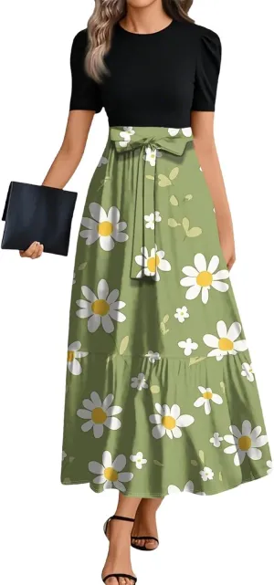 Women 2025 Casual Short Sleeves Elegant Maxi Dress with Belted Waist Crew Neck Flowy Boho Dress