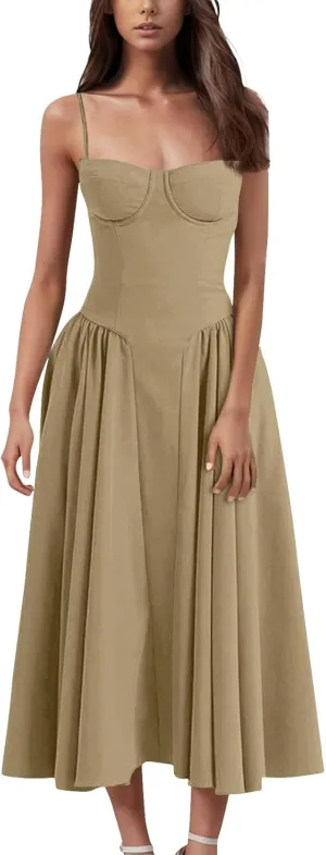 Women 2025 Vintage Party Flowy Pleated Hem Low Cut Prom Dresses Spaghetti Straps Sleeveless Swing Sundress