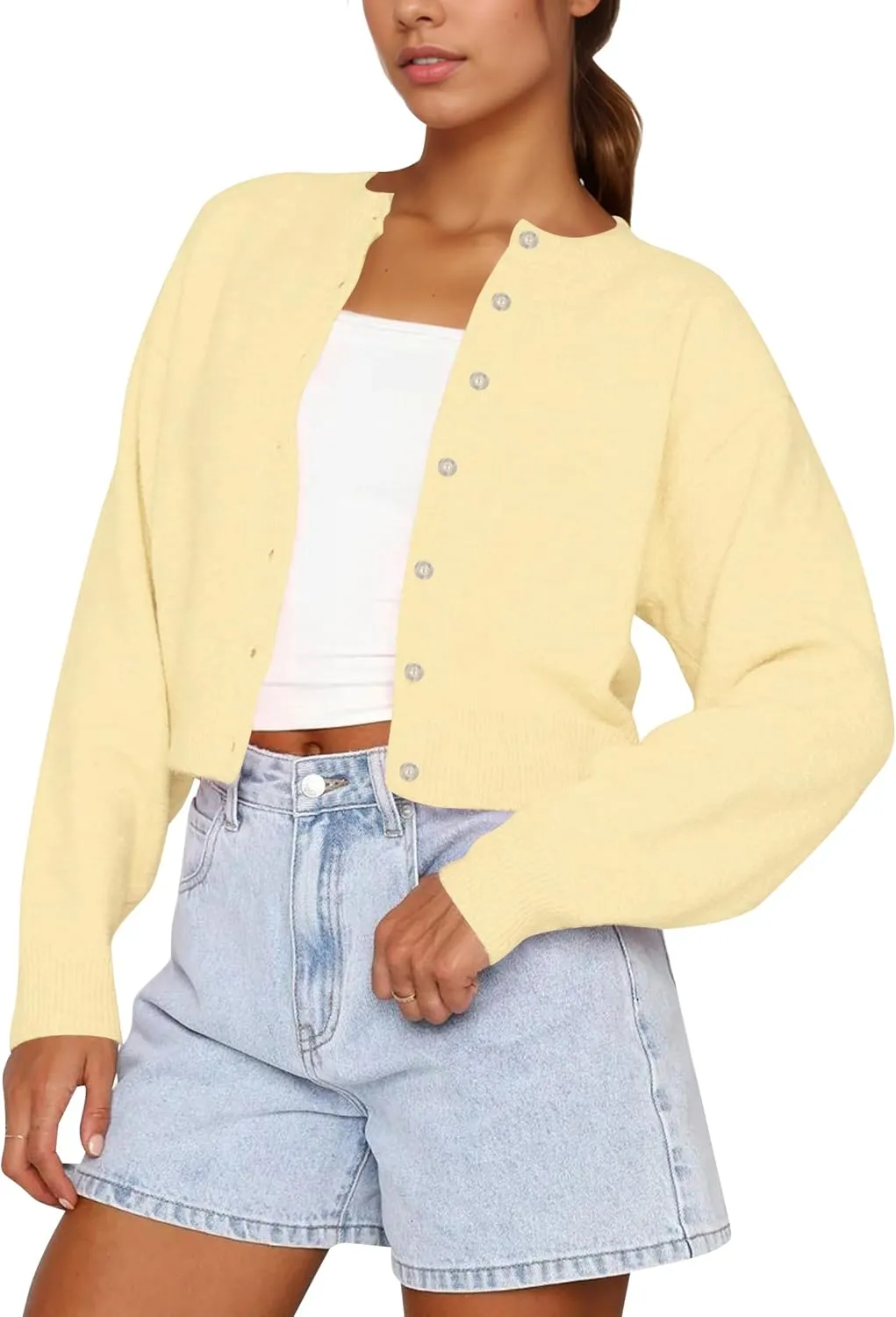 Women Casual Open Front Button Down Cropped Cardigan Sweaters Y2k Crewneck Long Sleeve Fall Knitwear Teen Clothes