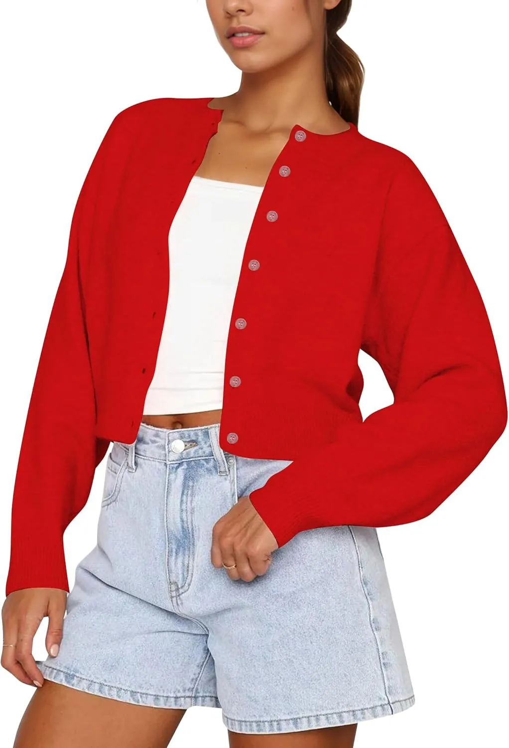 Women Casual Open Front Button Down Cropped Cardigan Sweaters Y2k Crewneck Long Sleeve Fall Knitwear Teen Clothes