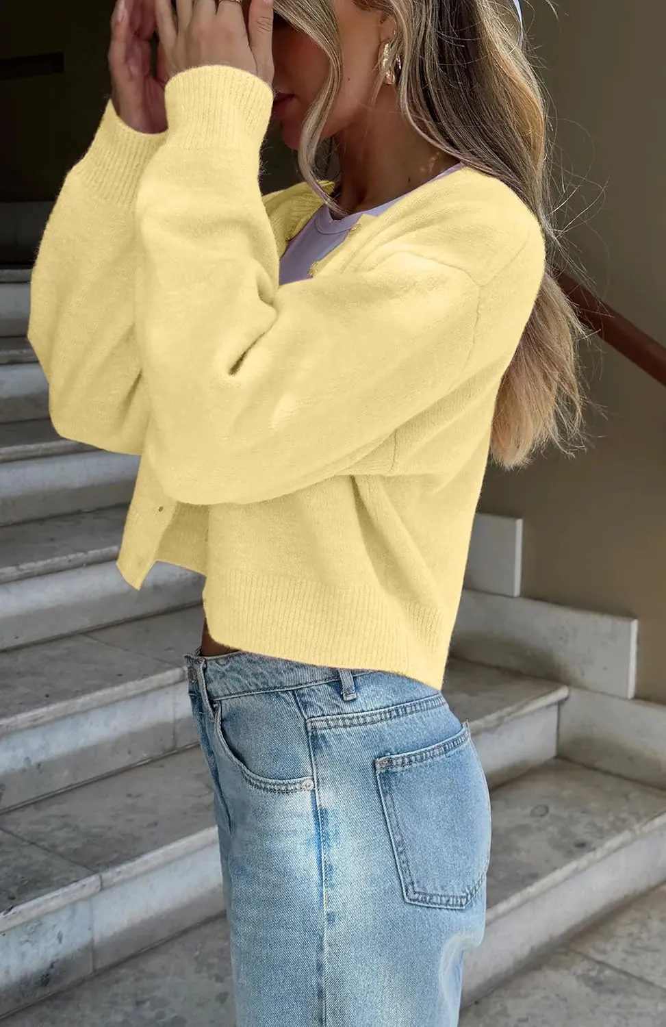 Women Casual Open Front Button Down Cropped Cardigan Sweaters Y2k Crewneck Long Sleeve Fall Knitwear Teen Clothes