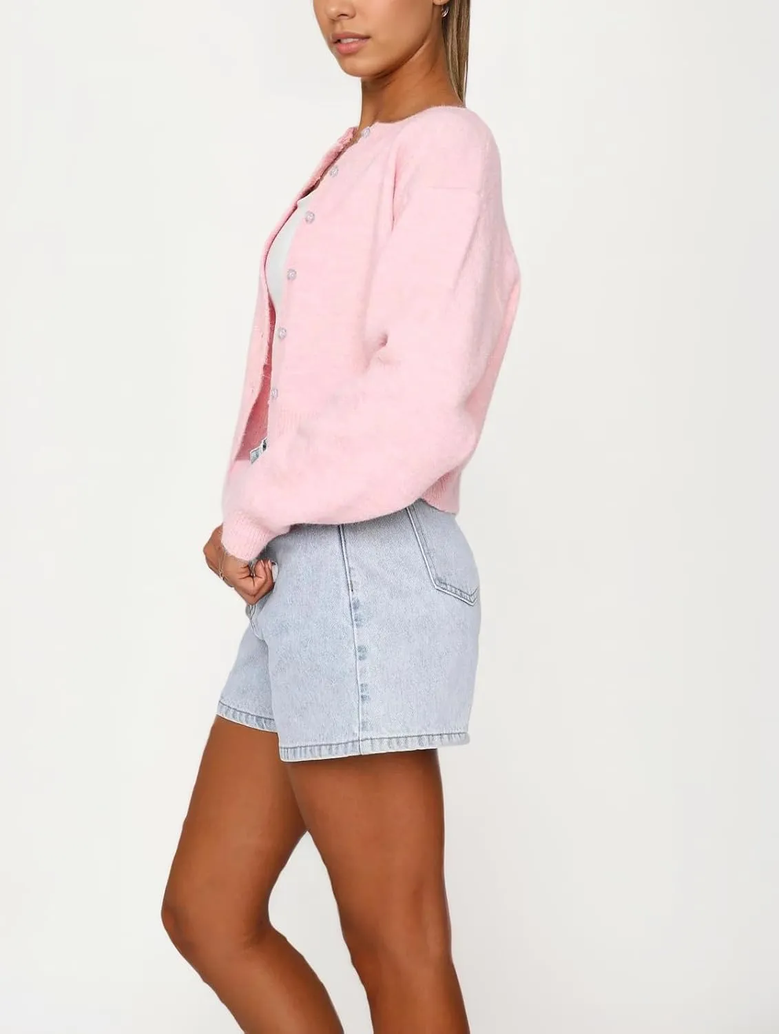 Women Casual Open Front Button Down Cropped Cardigan Sweaters Y2k Crewneck Long Sleeve Fall Knitwear Teen Clothes