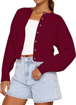 Women Casual Open Front Button Down Cropped Cardigan Sweaters Y2k Crewneck Long Sleeve Fall Knitwear Teen Clothes