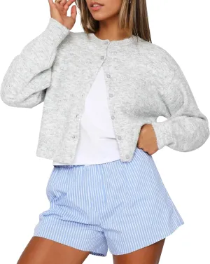 Women Casual Open Front Button Down Cropped Cardigan Sweaters Y2k Crewneck Long Sleeve Fall Knitwear Teen Clothes