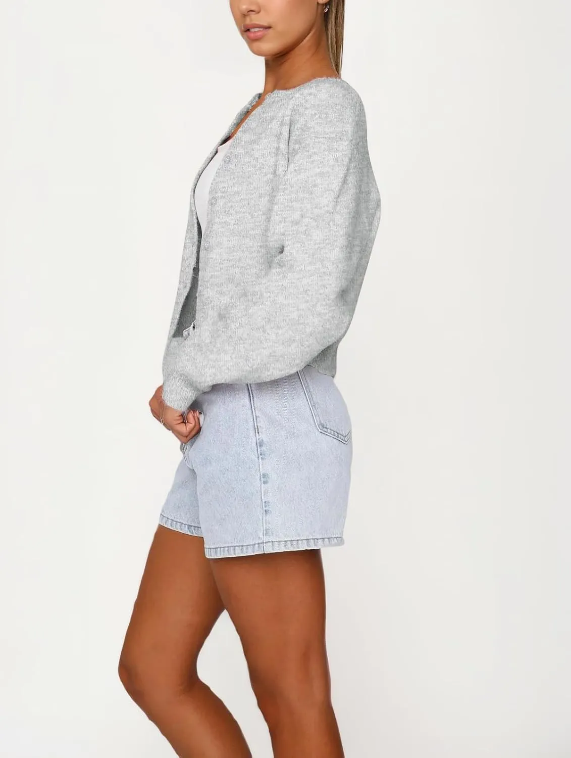 Women Casual Open Front Button Down Cropped Cardigan Sweaters Y2k Crewneck Long Sleeve Fall Knitwear Teen Clothes
