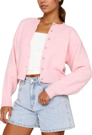 Women Casual Open Front Button Down Cropped Cardigan Sweaters Y2k Crewneck Long Sleeve Fall Knitwear Teen Clothes