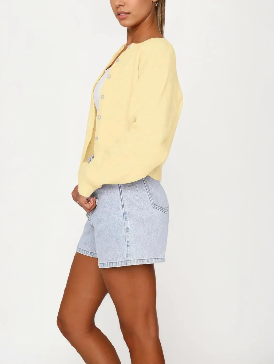 Women Casual Open Front Button Down Cropped Cardigan Sweaters Y2k Crewneck Long Sleeve Fall Knitwear Teen Clothes