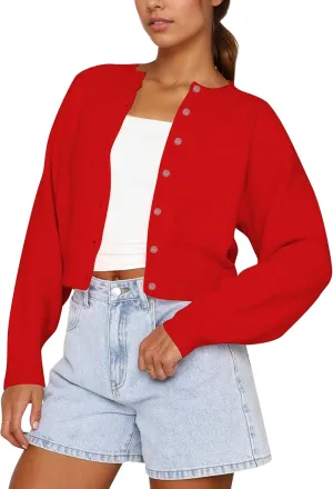 Women Casual Open Front Button Down Cropped Cardigan Sweaters Y2k Crewneck Long Sleeve Fall Knitwear Teen Clothes