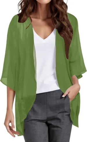 Women Chiffon Kimono Cardigan Dressy 3/4 Puff Sleeve Summer Beach Cover Up Sheer Capes Open Front Casual Shrug Blouse Tops