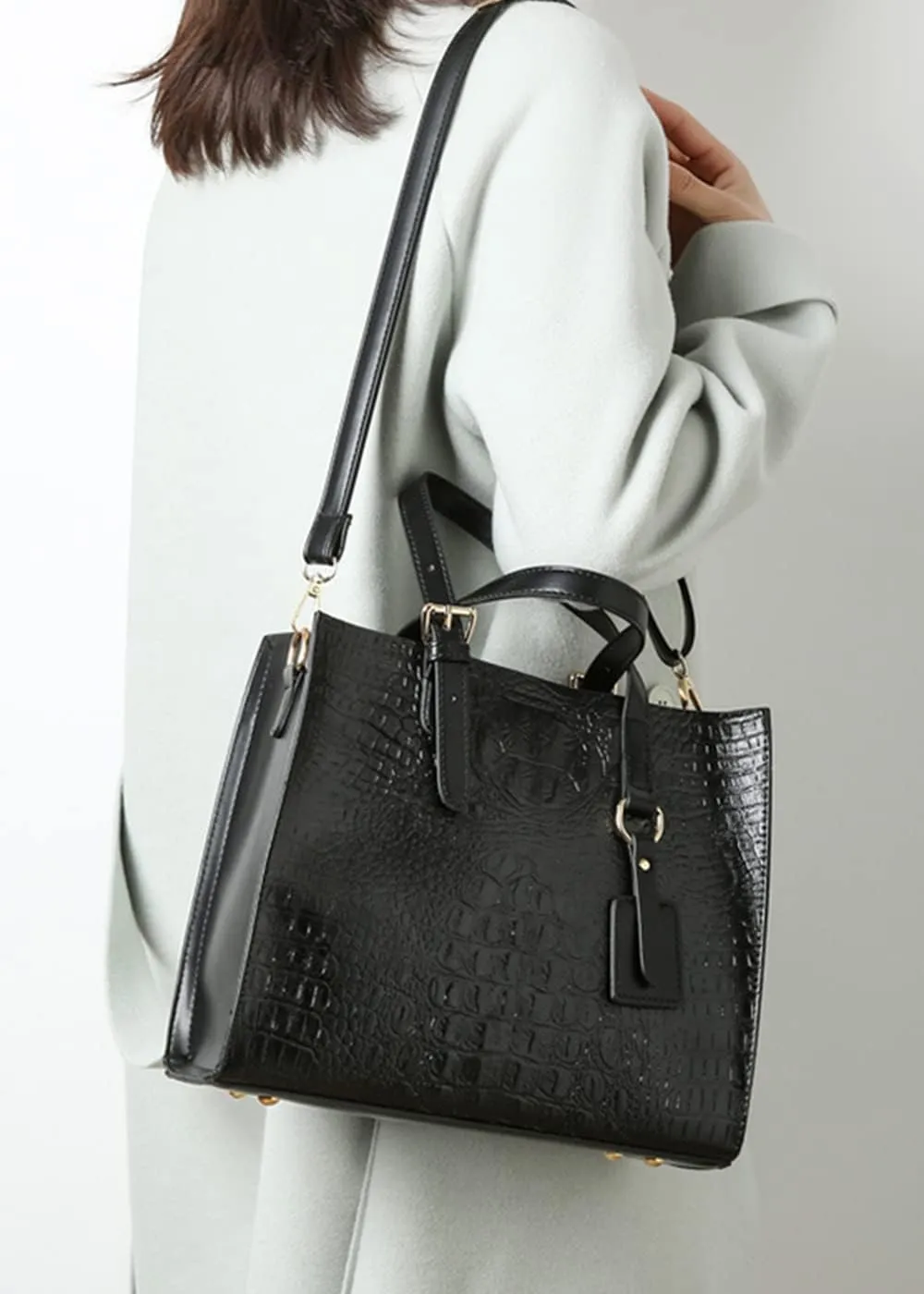 Women Crocodile Pattern Shoulder Bag Vintage Handbag Satchel Purse 3psc