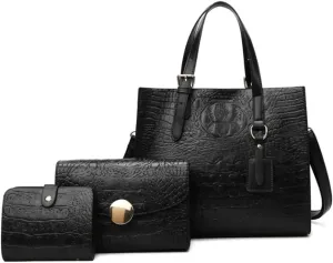 Women Crocodile Pattern Shoulder Bag Vintage Handbag Satchel Purse 3psc