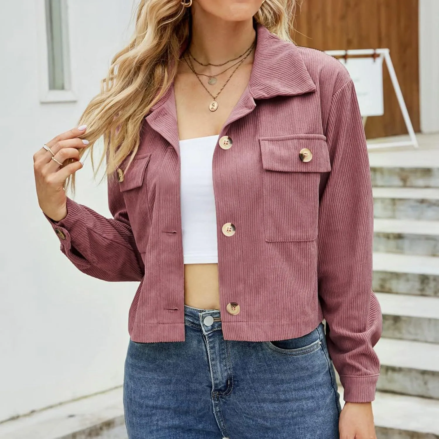 Women Double Breasted Corduroy Jacket Long Sleeve Work Office Casual Boyfriend Blazer Suit Coat for Women