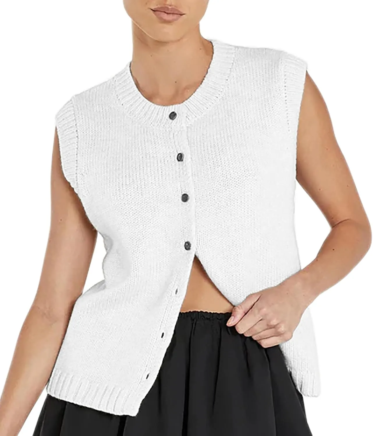 Women Knit Sweater Vest Shirts Open Front Button Down Knitwear Crewneck Sleeveless Cardigan Tank Casual Summer