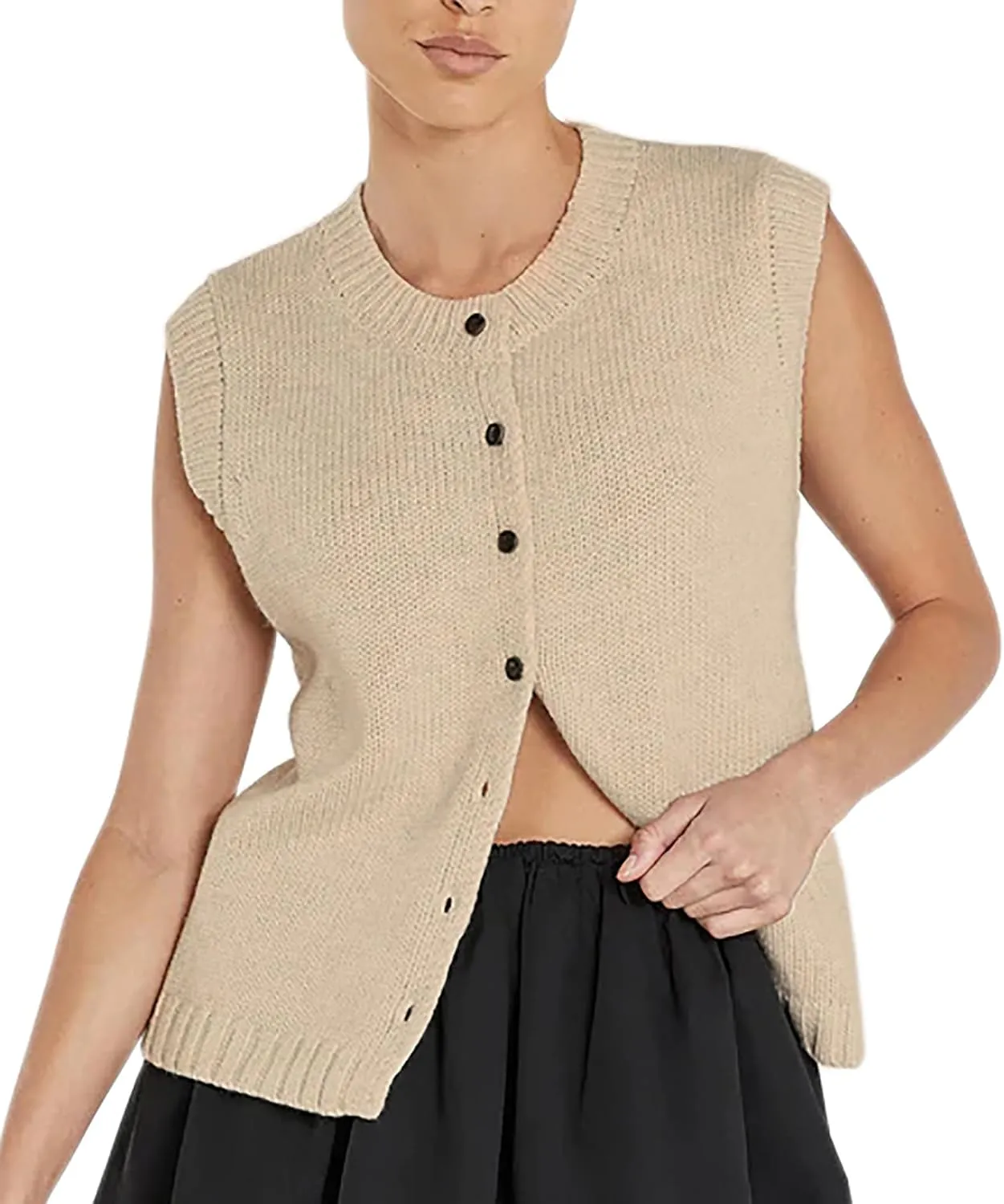 Women Knit Sweater Vest Shirts Open Front Button Down Knitwear Crewneck Sleeveless Cardigan Tank Casual Summer