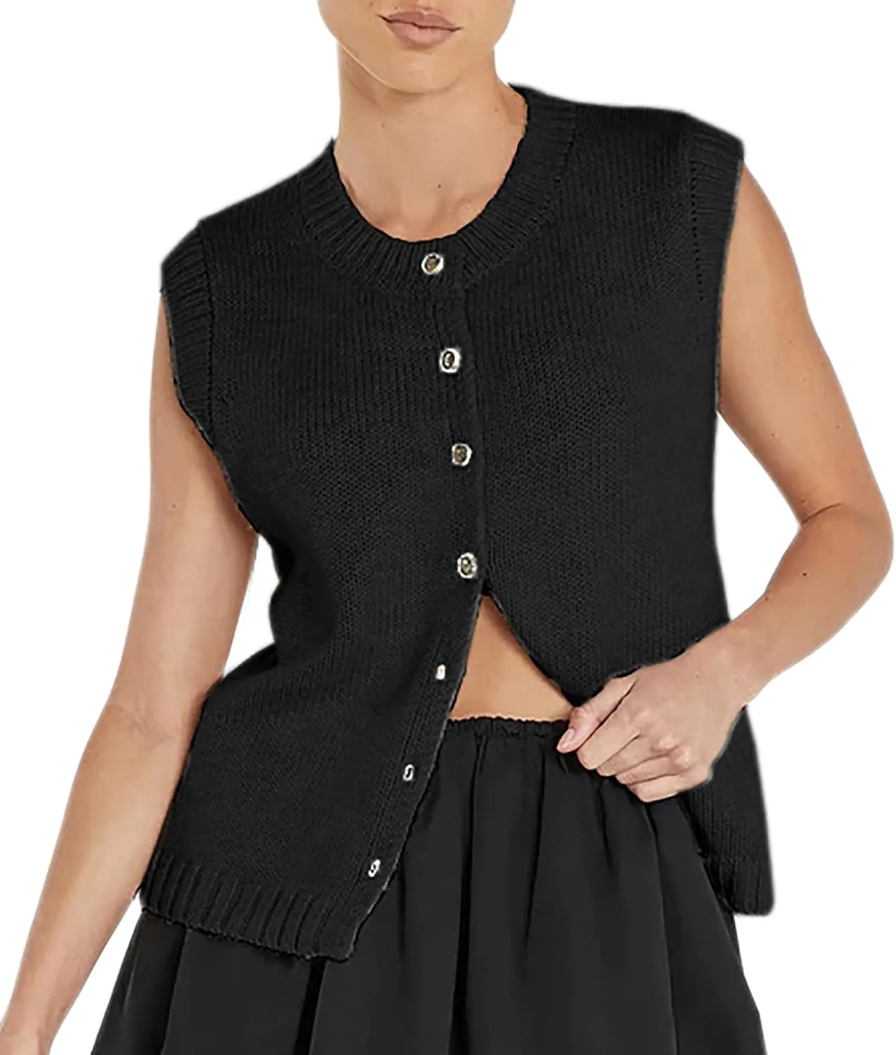 Women Knit Sweater Vest Shirts Open Front Button Down Knitwear Crewneck Sleeveless Cardigan Tank Casual Summer