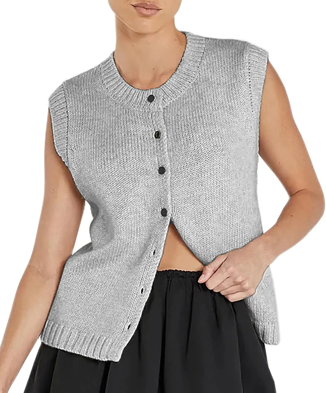 Women Knit Sweater Vest Shirts Open Front Button Down Knitwear Crewneck Sleeveless Cardigan Tank Casual Summer