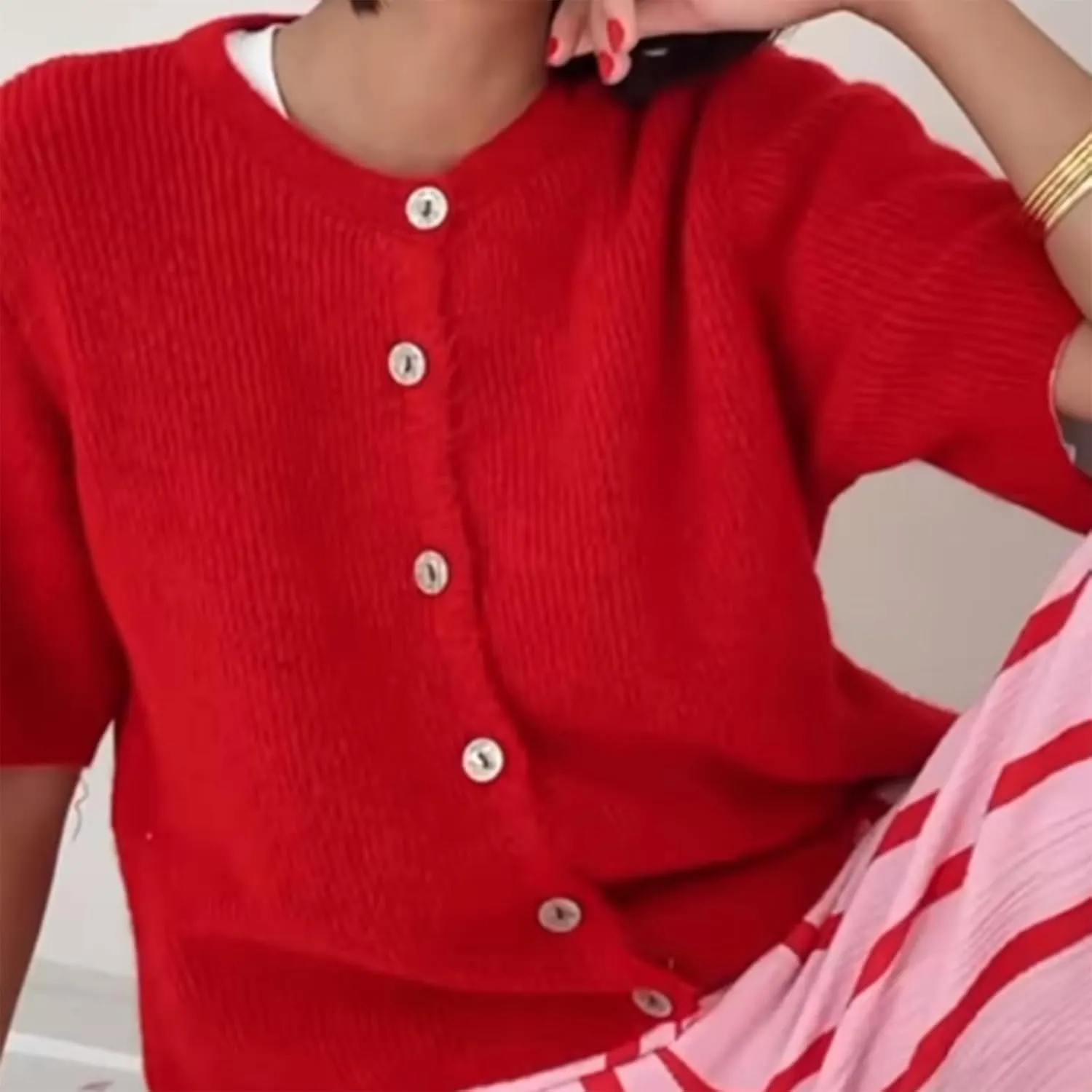 Women Knitted Cropped Cardigan Sweater Short Sleeve Button Down Y2k Top