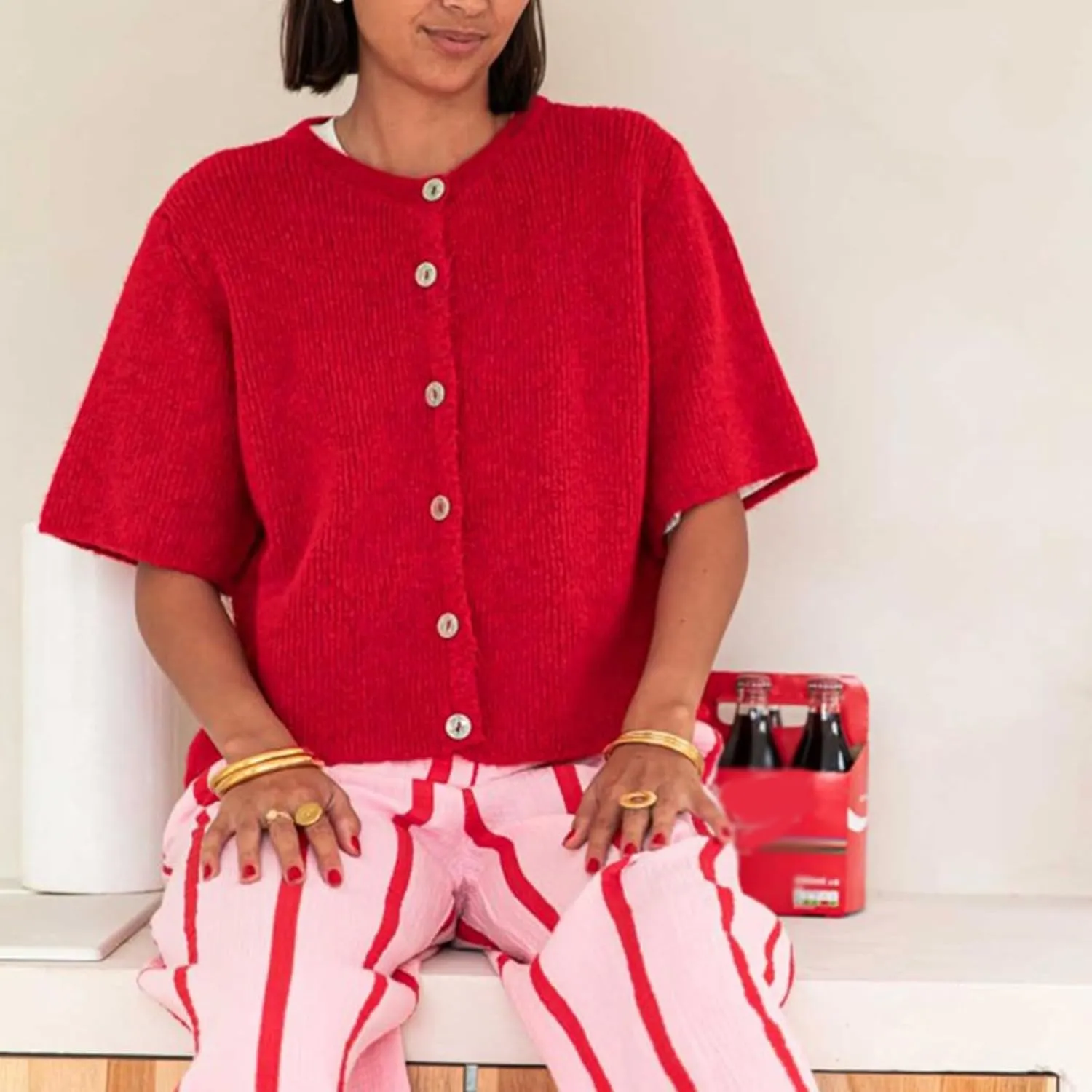 Women Knitted Cropped Cardigan Sweater Short Sleeve Button Down Y2k Top