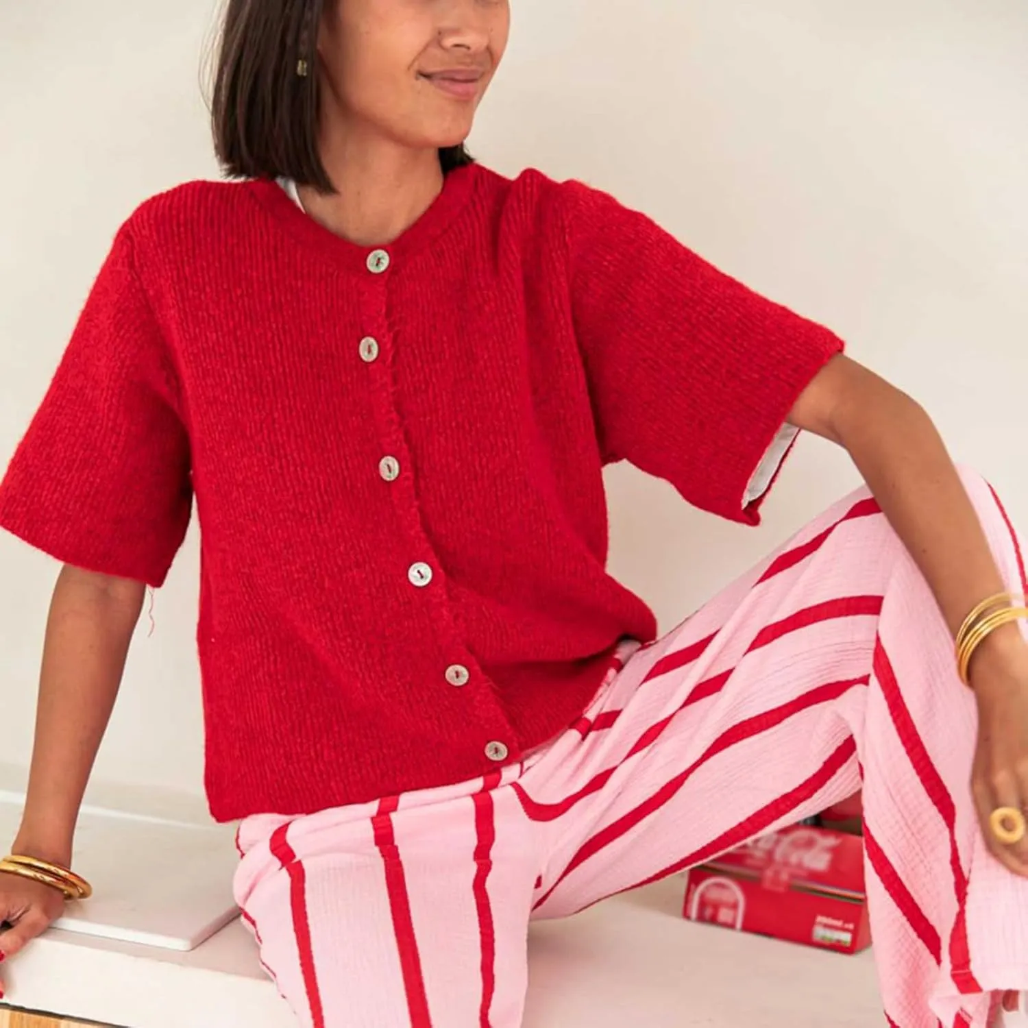 Women Knitted Cropped Cardigan Sweater Short Sleeve Button Down Y2k Top