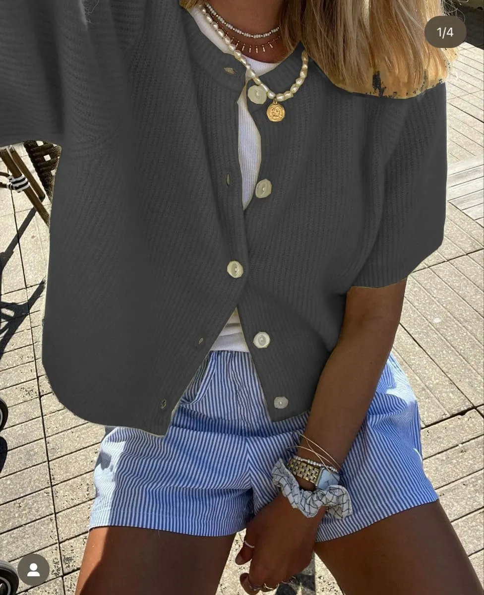 Women Knitted Cropped Cardigan Sweater Short Sleeve Button Down Y2k Top